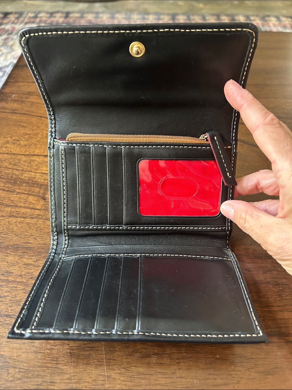 Dooney & Bourke Black Leather Tri-Fold Card Holder with Brass Logo - Picture 2 of 3
